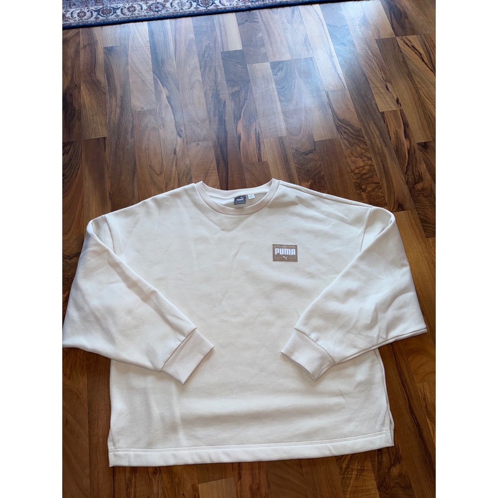 Puma Sweatshirt Women Large Cream Excellent Oversized Crewneck Fleece Logo Slit